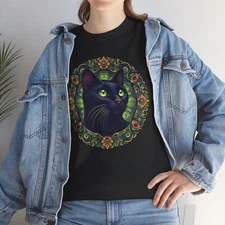 Mystical Black Cat Unisex Heavy Cotton Tee, T-Shirt, Unique Gift, Artsy, S-2XL