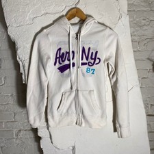 Aeropostale Womens XS White Full Zip Hoodie Aero NY 87 Graphic Sweatshirt