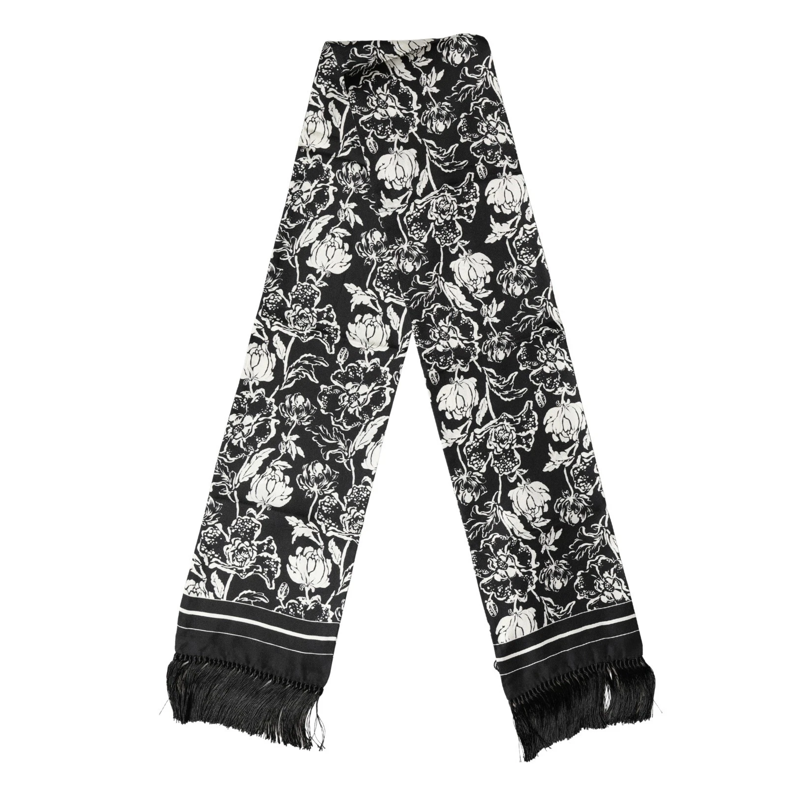 DOLCE & GABBANA Scarf Black White Silk Floral Print Fringe 136cm X 15.5cm 310usd