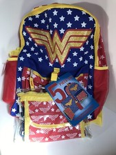 WONDER WOMAN Large 16" Backpack/Book Bag, 5 Piece! DC Comics, Gold Sparkle NEW!