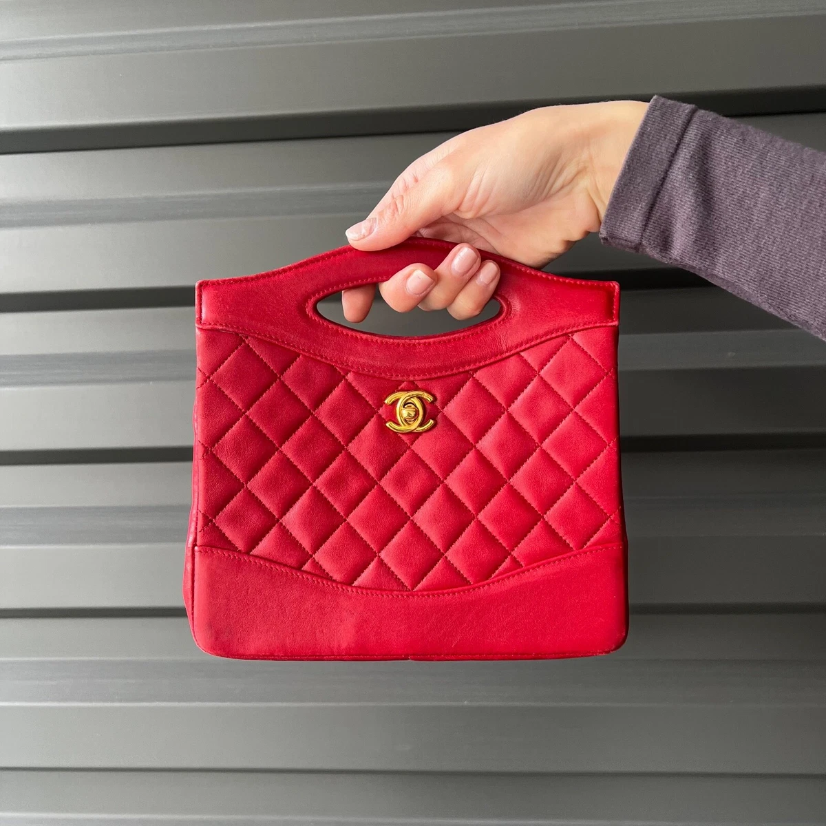 CHANEL 1990 *RARE Vintage Red Lambskin Mini Rue Cambon 31 Cut Out Bag Gold  Chain