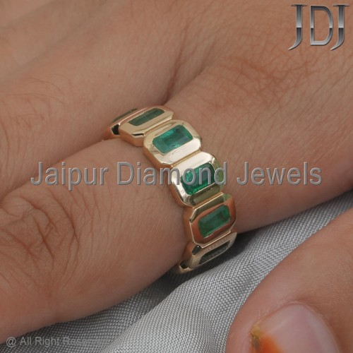 Solid 14k Yellow Gold Band Ring Natural Emerald Gemstone Eternity Ring Jewelry - Picture 2 of 24