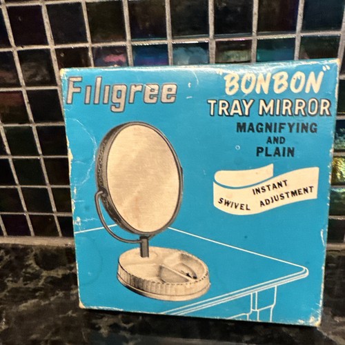 Vintage filigranes Porzellan Schmink Tablett Spiegel schlicht und vergrößernd drehbar NEU NOS