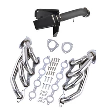 Black 4''Cold Air Intake+Exhaust Header For Chevy GMC Avalanche Silverado Sierra