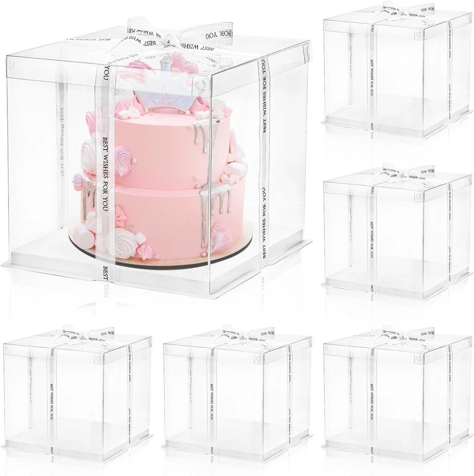 6 Pcs Clear Cake Box with Ribbon 2-Layer 10X10X10" Transparent  Lids PET