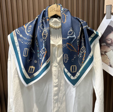 Pure 14 Momme Twill Silk Wrap Scarf Bandanna Chain horse Print Square Shawl 27"