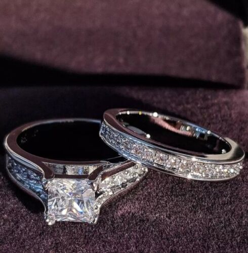 3.20 Carat White Princess Cut Simulated Diamond Engagement & Wedding Ring Set - Picture 2 of 5