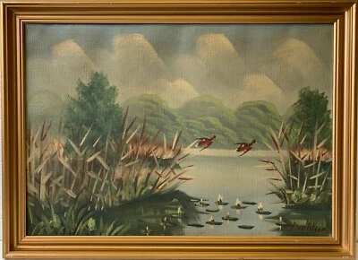 Ölbild Landschaft am See mit Seerosen Enten signiert Bilderrahmen Vintage - Bild 1 von 4