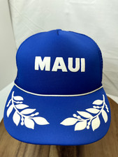 Vintage Maui Mesh Trucker Hat Cap Blue Yellow Leaf Snapback Hawaiian Headwear