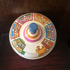 Vintage Tin Toy Spinning Top Ohio Art Train Wood Handle Metal