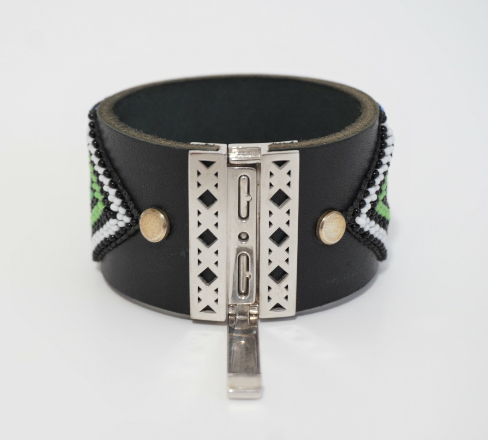 Sterling Silver .925, Unique Unisex Leather Bracelet, W/Native Beading Art. New!