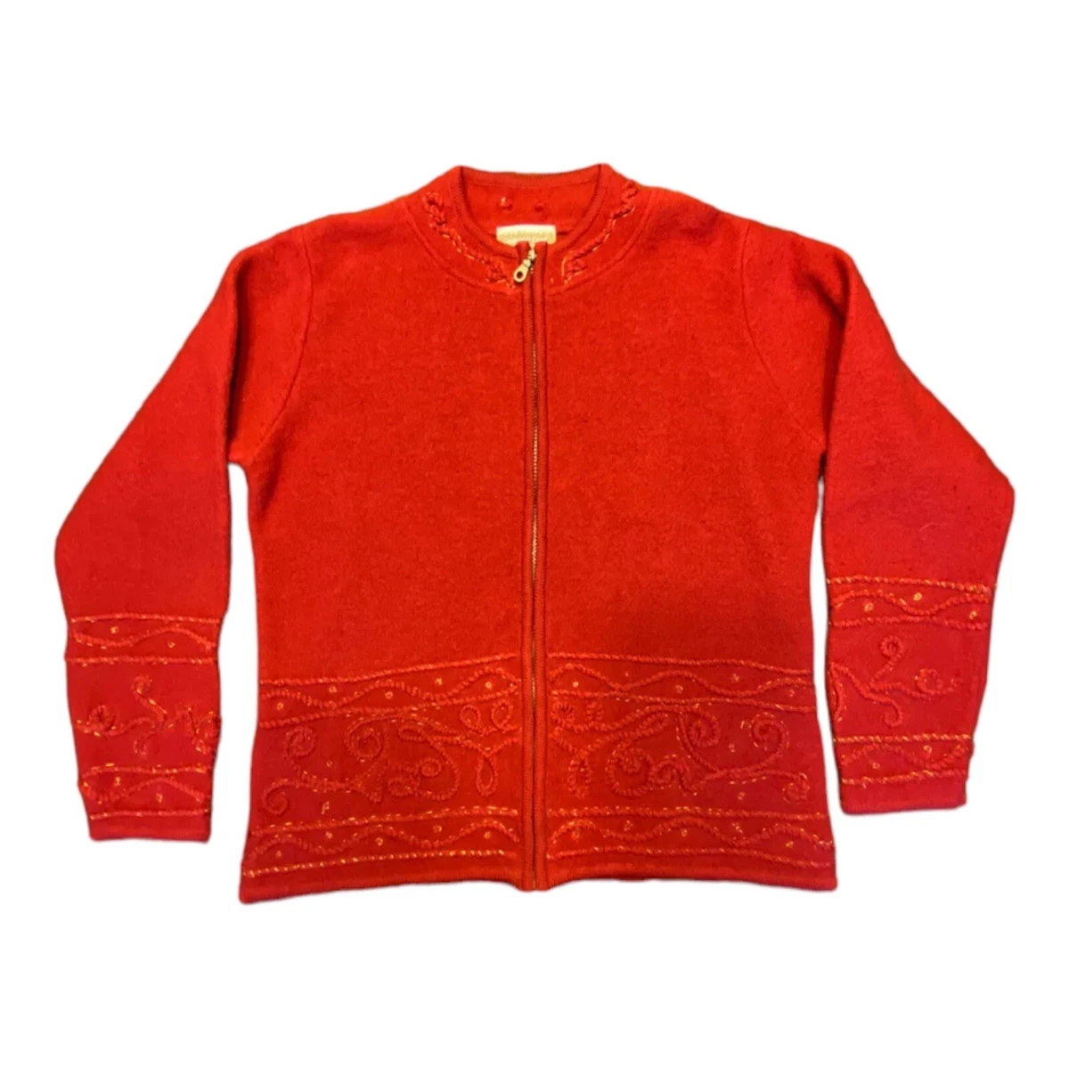 Coldwater Creek Bright Red Boiled Wool Zip Up Jacket Sweater Small Embroidered