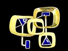 Blue Enamel Modern Art Dimensional Brooch Artisan Ooak Solid 18K 750 Yellow Gold