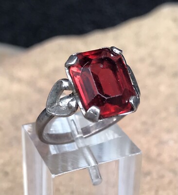 Vintage Art Deco Sterling Silver Emerald Cut Carat Faux Ruby Ring Size  1/2