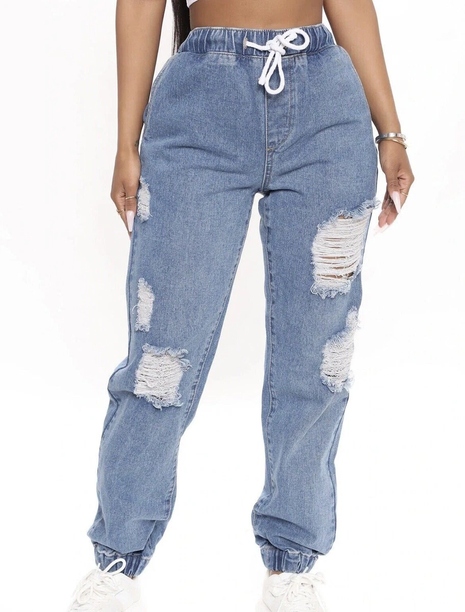 Fashion Nova Take The Lead Ripped Denim Jogger Jeans Women s Size