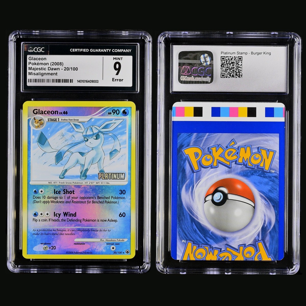 CGC 9 ERROR Glaceon 20/100 Majestic Dawn Platinum Reverse Stamp