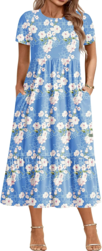 Women plus Size Short Sleeve Dress Loose Plain Casual Summer Flowy Tiered Long M