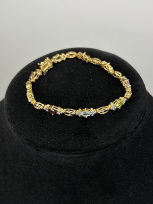 Ross Simons Vintage 925 Sterling Silver Multi Gemstone Tennis Bracelet Gold Tone