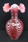 FENTON Art Glass Ruffled Cranberry Opalescent Spiral Optic Vase 9"