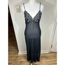 VTG 90s California Dynasty Nightgown Women M Black Floral Embroidered Sheer Maxi