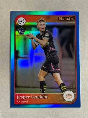 2024-25 Topps Merlin UCC Blue Refractor Jesper Uneken Rookie RC /150 #62 PSV