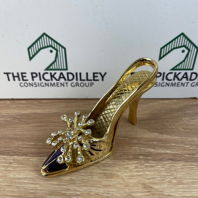 #ad Gold Miniature High Heel Slingback Shoe Figurine Rhinestone Starburst Accent $29.95