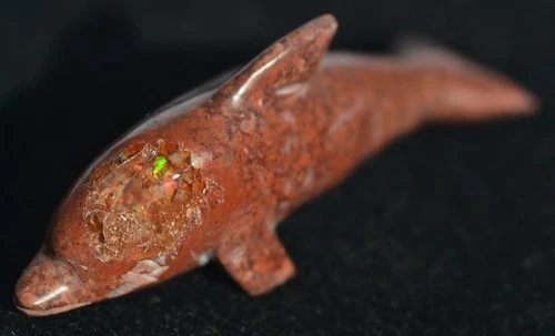 MEXICAN NATURAL MATRIX MULTI-COLOR FIRE OPAL DOLPHIN STONE CARVED DECO FIGURINE
