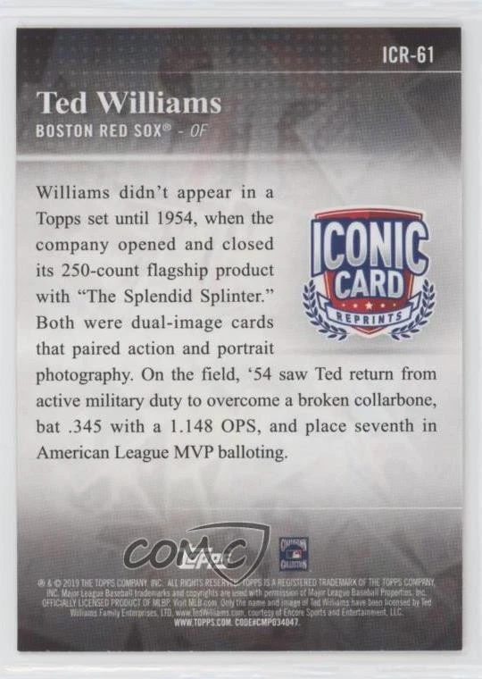 2019 Topps Iconic Card Reprints Ted Williams #ICR-61 HOF - Image 2 of 2