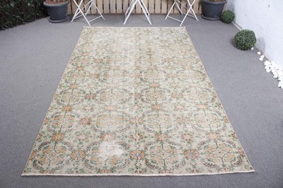 Turkish Large Rug 5,1x8,3 ft, Green Floral Vintage Wool Rug