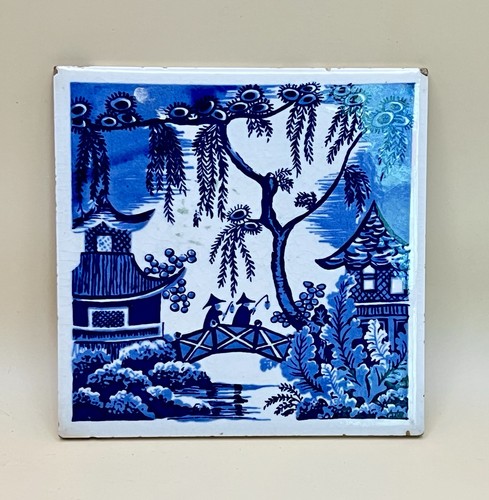Vintage blau & weiß japanisches Motiv Keramikfliese/Untersetzer 6x6" Richards England SELTEN! - Bild 2 von 5