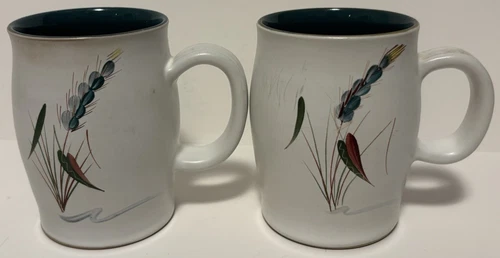 Lot Of 2 Vintage Denby Greenwheat Hand Painted Pottery Mugs England