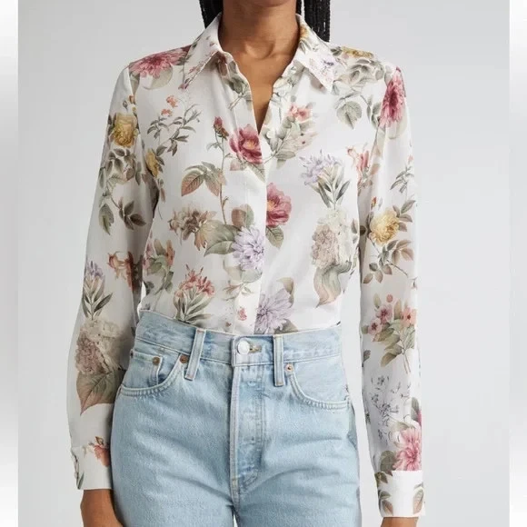 Camisa abotonada Alice and Olivia Willa floral de seda, nueva con etiquetas, talla L Foto 3 de 4