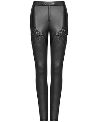 Punk Rave Damen Gothic Leggings Hose Schwarz Kunstleder Dieselpunk Ketten