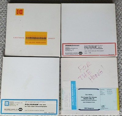 TLC sheets (4 boxes). Silica (2) Cellulose (1) on Plastic, Silica on Allumin (1)