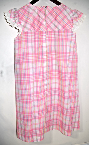 R1 - Vintage Smart Time Hauskleid 16 rosa kariert & weiß Ösen Flügelärmel - Bild 2 von 6