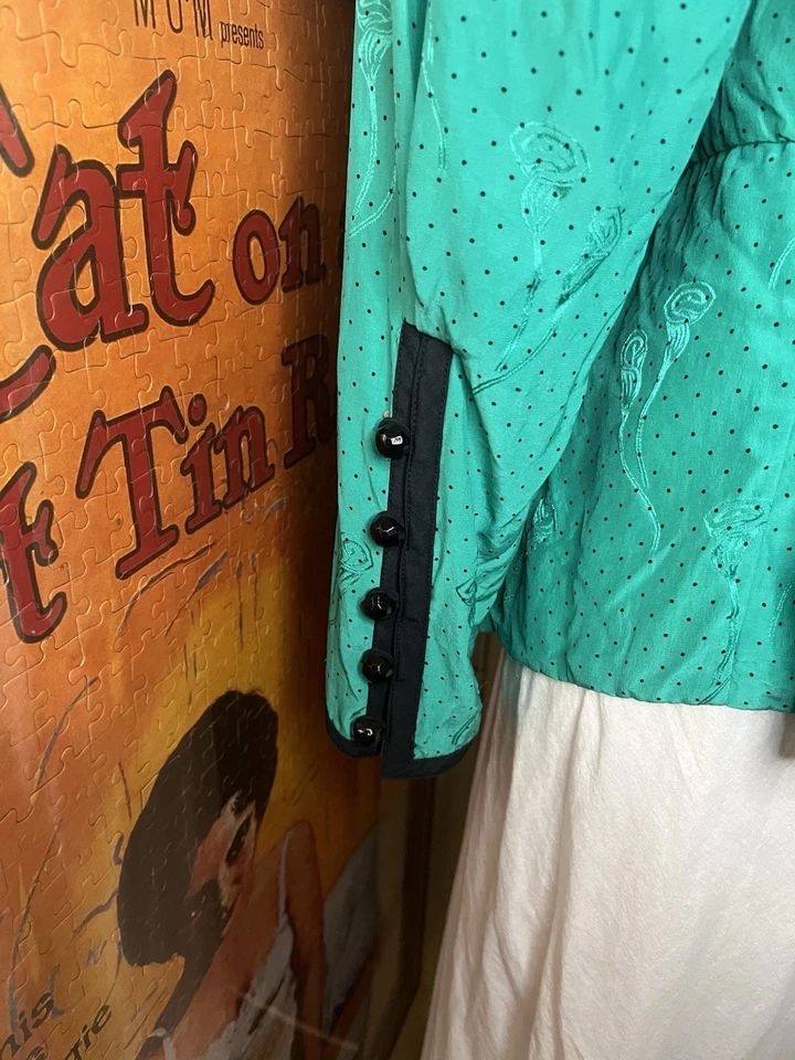 Blazer De Colección Verde Azulado Seda Peplum Mujer Dbl-Pecho Plisado Espalda Manga Larga Abullonada 14 Foto 4 de 4