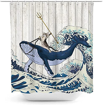  Funny Cat Shower Curtain Fun Japanese Cute Animal Riding Whale Ocean Sea Wave 