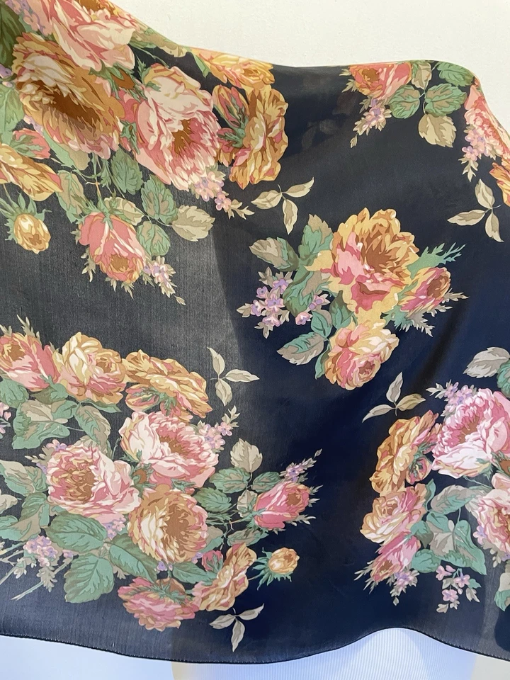 Bufanda de seda rosa floral eco negra vintage cuadrada #A123 Foto 3 de 4