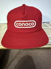 Vintage Conoco Trucker Hat Red Mesh Snapback Gas Oil Patch Cap Made in USA
