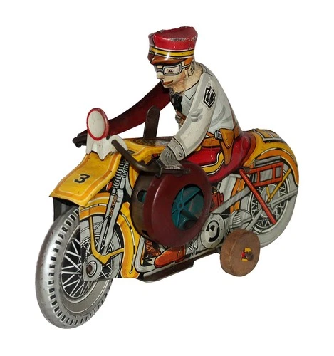 Nice, Glossy, Original & Working- 1950s Marx Tin Windup Rookie Cop Motorcycle