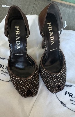 PRADA | Brown Tweed Leather Peep Toe D Orsay Heels Pumps Vintage Size 35.5