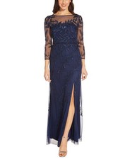 Adrianna Papell Long Sleeve Fully Beaded Mob Column Gown Women's 10 Blue