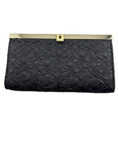 Vintage Black Textured Clutch Wallet Gold Tone Frame Snap Closure