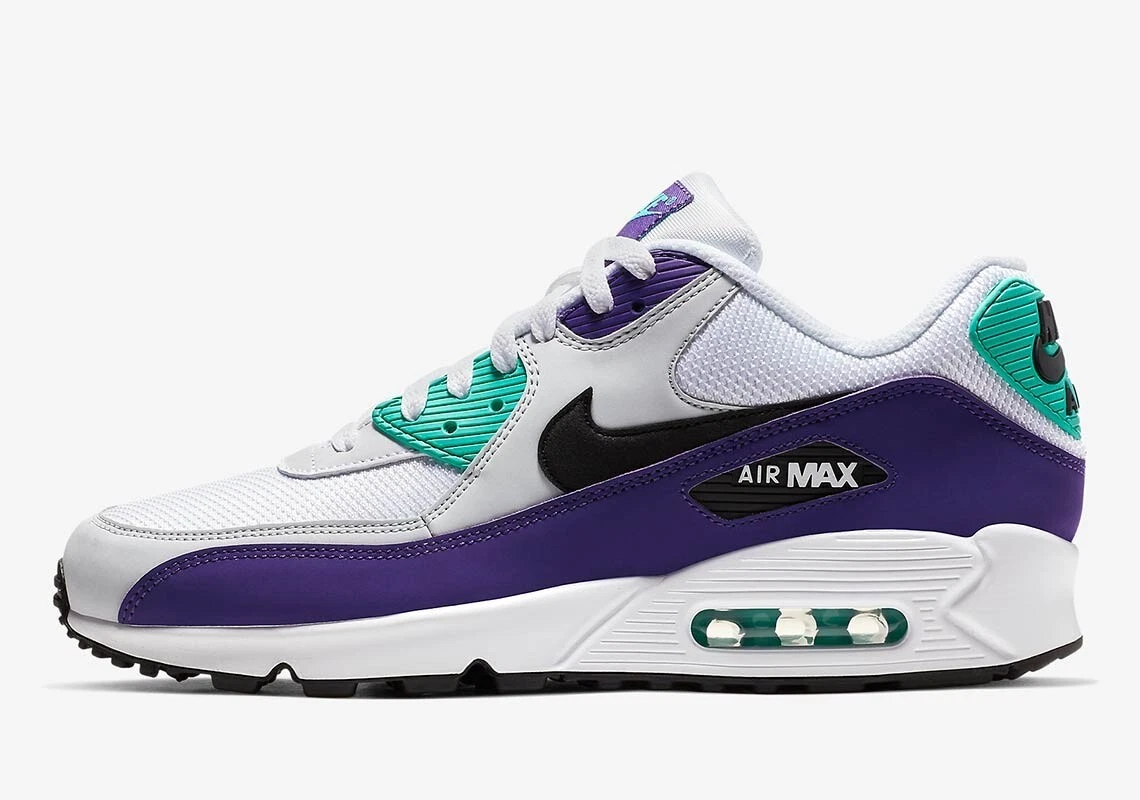 Nike Air Max 90 Essential UK 7.5 EUR 42 White Black Hyper Jade Court Purple