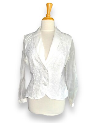 ANNE FONTAINE Embroidered Blazer Jacket Sheer Sleeve White