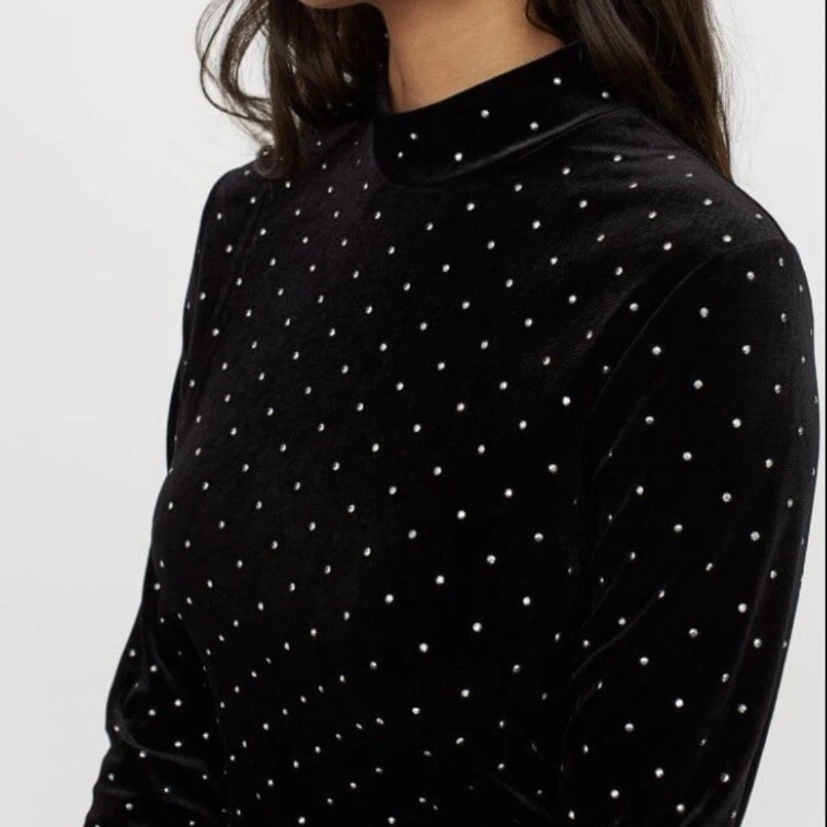 H&M BLACK LONG SLEEVE VELVET SHORT DRESS STUDS VELOUR Stand-up