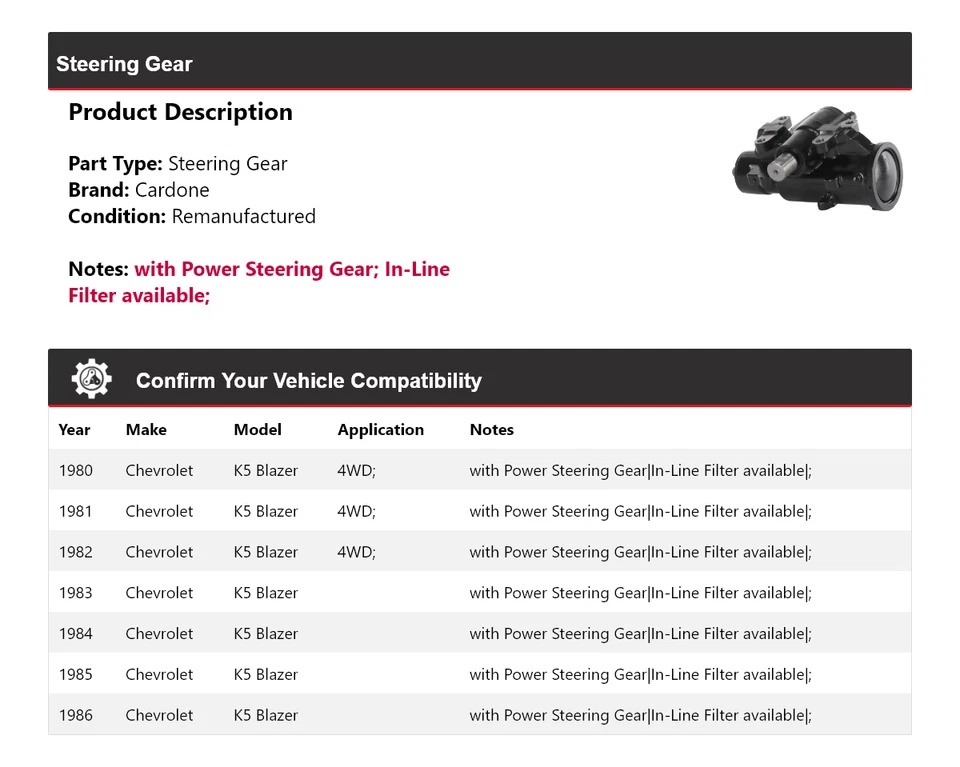 Para Chevrolet K5 Blazer 1980-1986 engranaje de dirección Cardone 1981 1982 1983 1984 1985 Foto 2 de 4