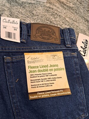 Cabela's Roughneck Fleece Lined Insulated Denim Jeans, Mens Size 38x30, NWT 