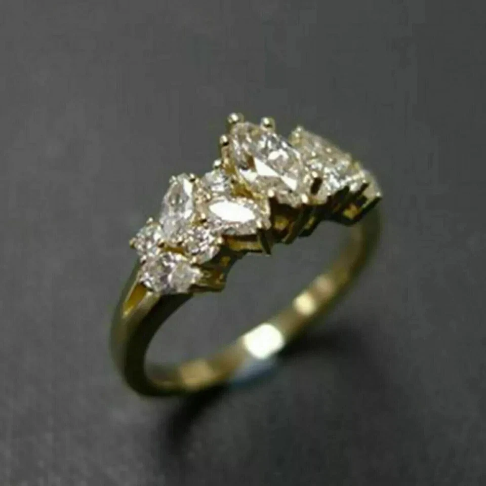 Anillo de compromiso 925 enchapado en oro amarillo de 14 k de moissanita real corte marquesa de 2 quilates 7 8 Foto 3 de 4