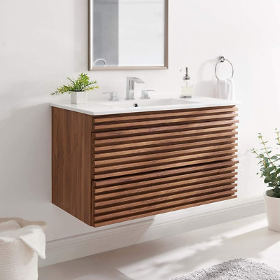 Elegant 36'' Walnut & White Wall-Mount Bathroom Vanity for Modern Spaces